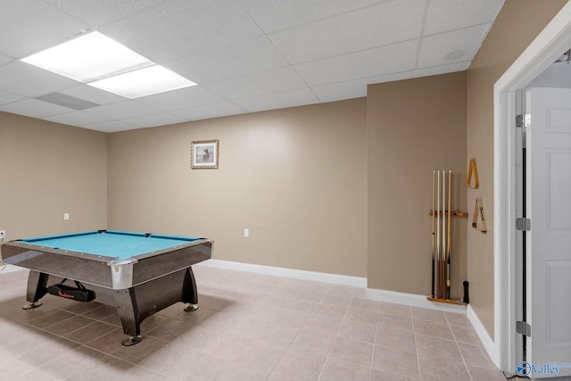 rec room with billiards, baseboards, a drop ceiling, and light tile patterned flooring