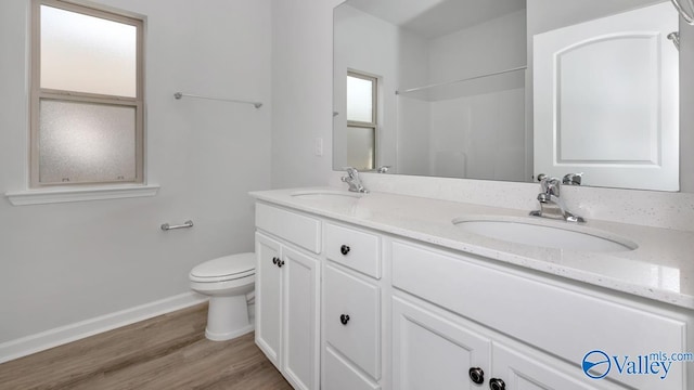 bathroom featuring vanity, toilet, wood-type flooring, and a shower