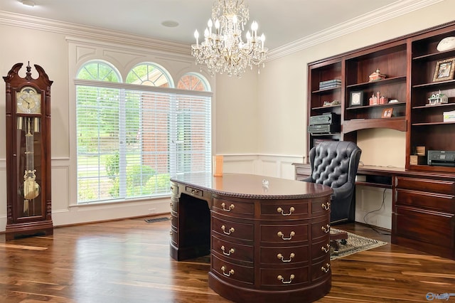 home office with dark wood-type flooring, a decorative wall, and a wainscoted wall