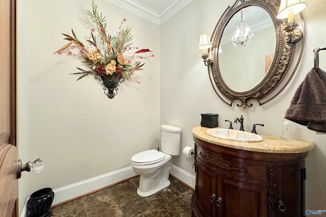 half bath with vanity, crown molding, baseboards, and toilet