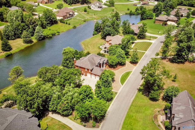 aerial view featuring a residential view and a water view
