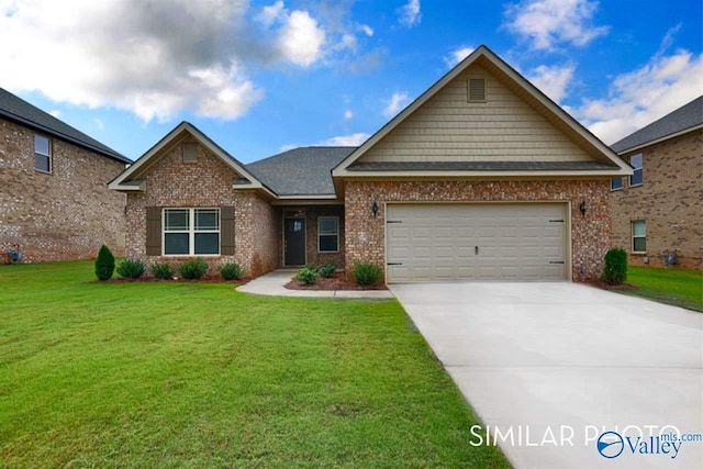 view of front facade with a garage, a front lawn, concrete driveway, and brick siding