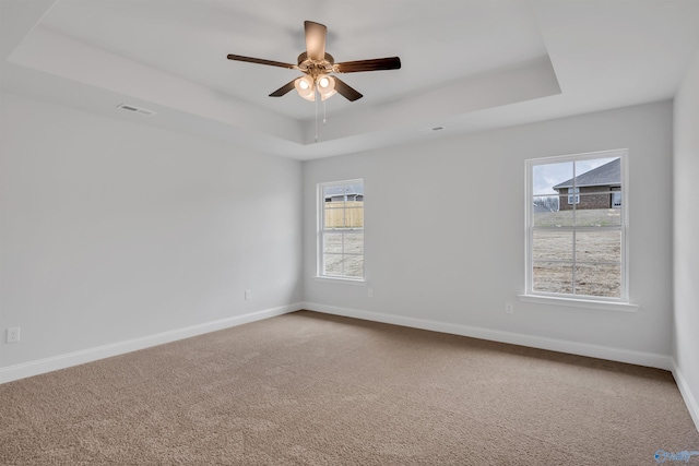 spare room featuring carpet, a raised ceiling, and baseboards