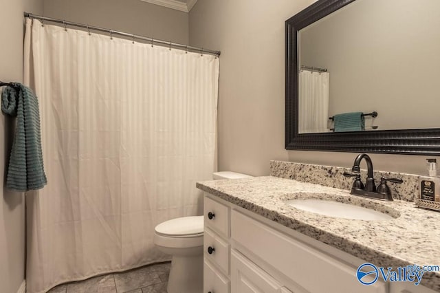 bathroom featuring toilet, tile patterned floors, ornamental molding, vanity, and curtained shower