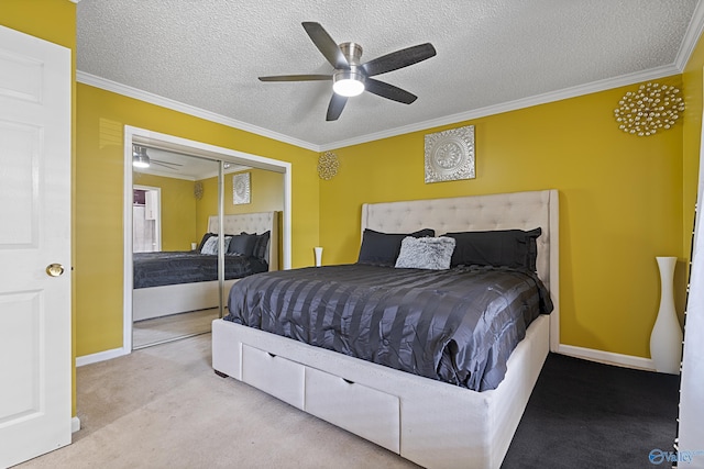 328 Shadow Pointe Dr SW, Decatur, AL 35601 - bedroom with ornamental molding, carpet floors, a textured ceiling, a closet, and ceiling fan