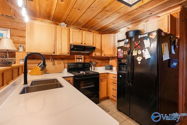 kitchen with black appliances, sink, rustic walls, wood ceiling, and light brown cabinets