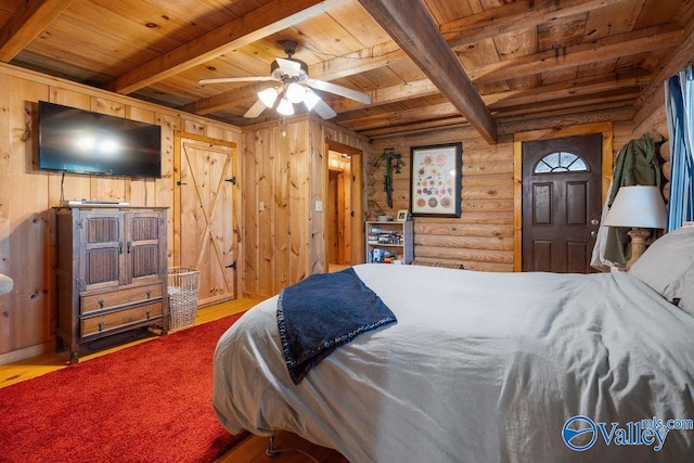 bedroom featuring beam ceiling, ceiling fan, wood ceiling, and log walls