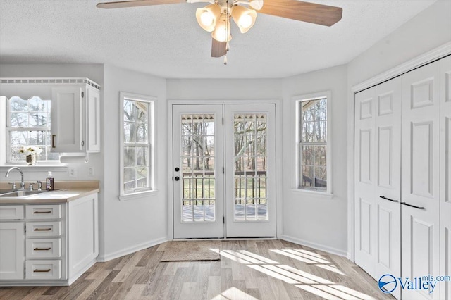 doorway featuring ceiling fan, sink, a textured ceiling, and light hardwood / wood-style flooring