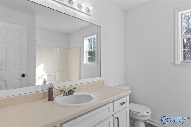 bathroom with vanity, a wealth of natural light, toilet, and walk in shower