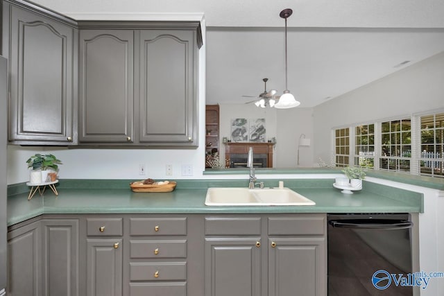 119 Cannes Dr, Brownsboro, AL 35741 - kitchen featuring dishwasher, gray cabinetry, hanging light fixtures, ceiling fan, and a peninsula