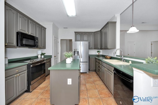 119 Cannes Dr, Brownsboro, AL 35741 - kitchen featuring black appliances, gray cabinetry, a center island, ornamental molding, and pendant lighting