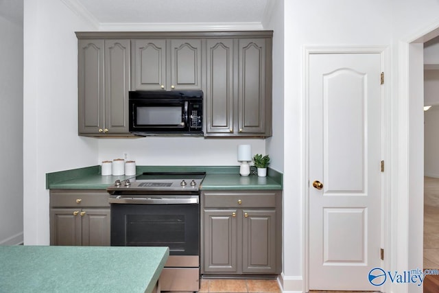 119 Cannes Dr, Brownsboro, AL 35741 - kitchen with black microwave, stainless steel electric range, gray cabinetry, and crown molding