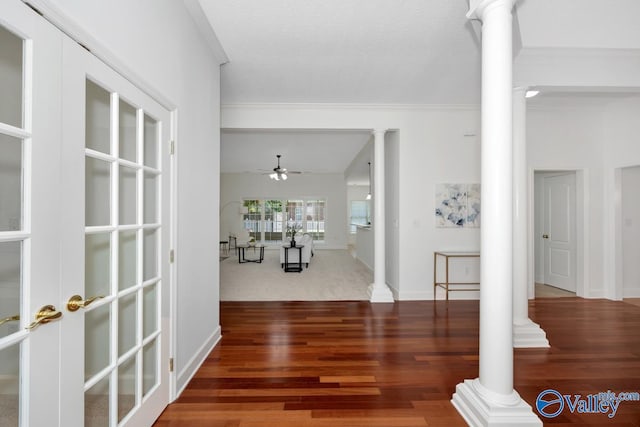 119 Cannes Dr, Brownsboro, AL 35741 - foyer featuring decorative columns, ceiling fan, wood finished floors, and crown molding