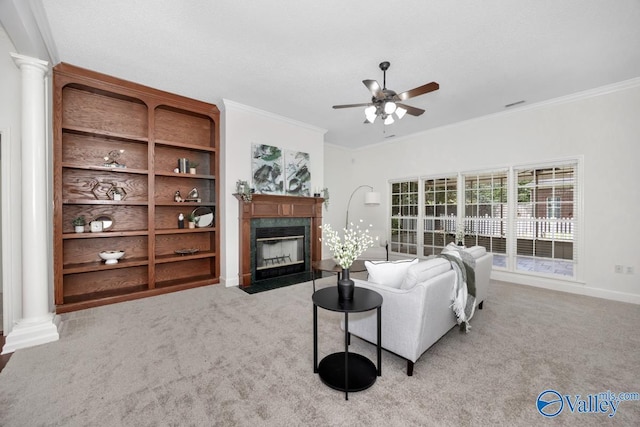 119 Cannes Dr, Brownsboro, AL 35741 - living area with ornate columns, a premium fireplace, ceiling fan, ornamental molding, and carpet