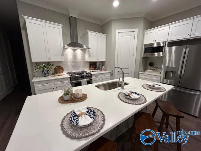 kitchen featuring sink, white cabinetry, stainless steel appliances, tasteful backsplash, and wall chimney exhaust hood