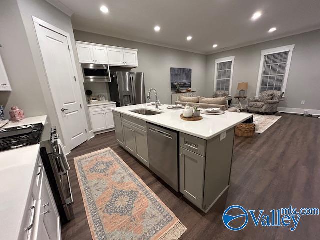 kitchen featuring appliances with stainless steel finishes, sink, gray cabinetry, dark hardwood / wood-style flooring, and a kitchen island with sink