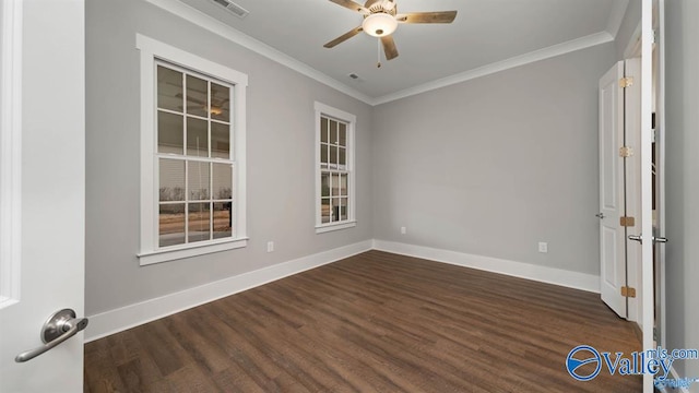 empty room featuring ceiling fan, ornamental molding, and dark hardwood / wood-style flooring