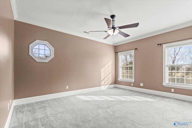 carpeted spare room featuring ornamental molding and ceiling fan