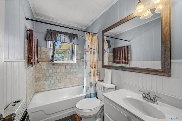 full bathroom featuring vanity, toilet, shower / bath combo, and ornamental molding