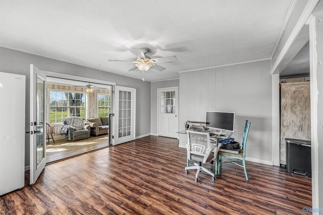 home office with wood finished floors, french doors, and ceiling fan