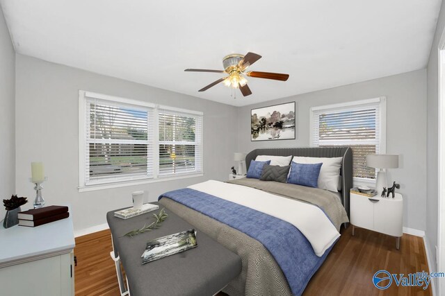 bedroom with multiple windows, ceiling fan, and dark hardwood / wood-style floors