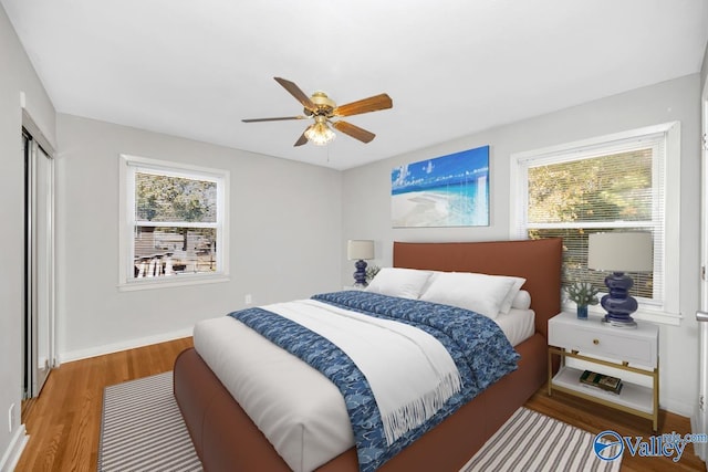 bedroom featuring ceiling fan, wood-type flooring, and a closet