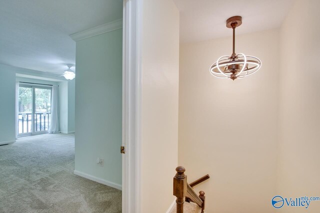 corridor with crown molding, a chandelier, and light carpet