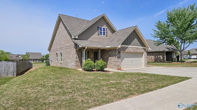 7607 NW Ashor Dr, Huntsville, AL 35806 - view of front facade featuring concrete driveway, brick siding, a garage, board and batten siding, and a shingled roof