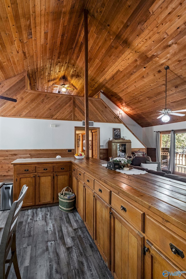 kitchen with wooden counters, wooden ceiling, ceiling fan, vaulted ceiling with beams, and dark hardwood / wood-style floors