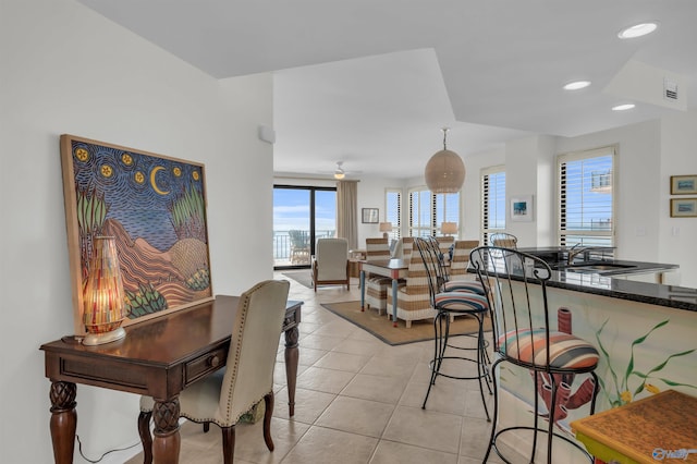 dining area featuring a ceiling fan, recessed lighting, light tile patterned flooring, and visible vents