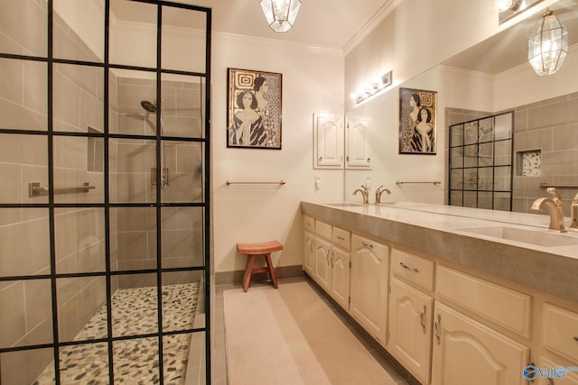 1625 River Bend Pl SE, Decatur, AL 35601 - full bathroom featuring a walk in shower, crown molding, double vanity, baseboards, and tile patterned floors
