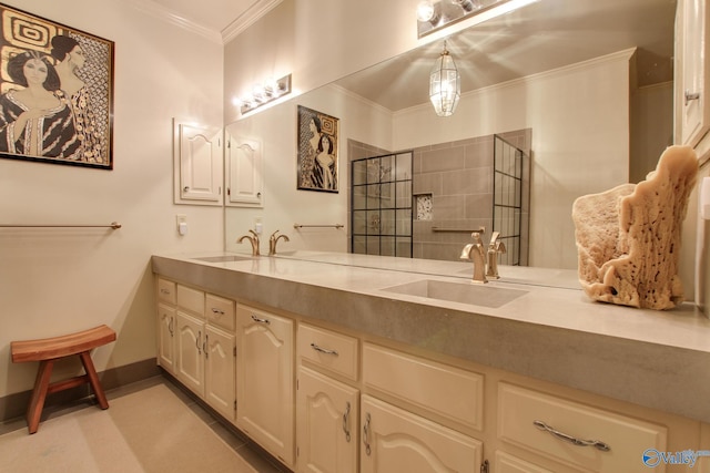 1625 River Bend Pl SE, Decatur, AL 35601 - bathroom featuring crown molding, double vanity, walk in shower, baseboards, and tile patterned flooring