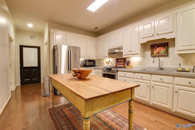 1625 River Bend Pl SE, Decatur, AL 35601 - kitchen with appliances with stainless steel finishes, a sink, under cabinet range hood, white cabinetry, and light countertops