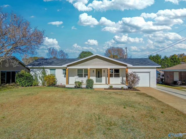 ranch-style house with a front yard, a porch, and a garage