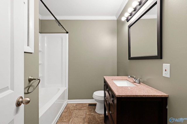 full bathroom featuring shower / bathing tub combination, vanity, toilet, and crown molding