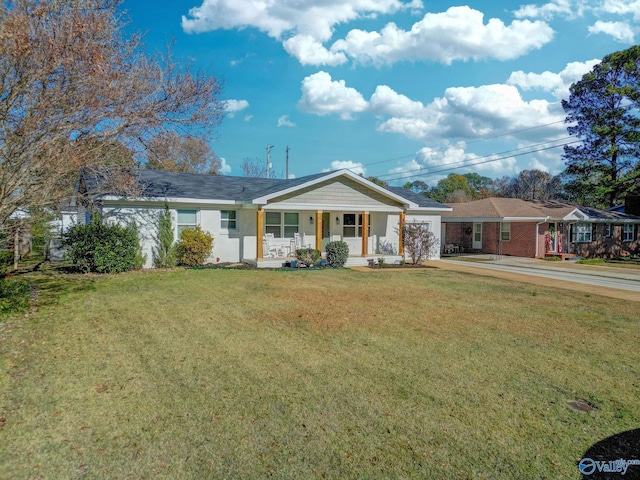 single story home featuring a front lawn and covered porch