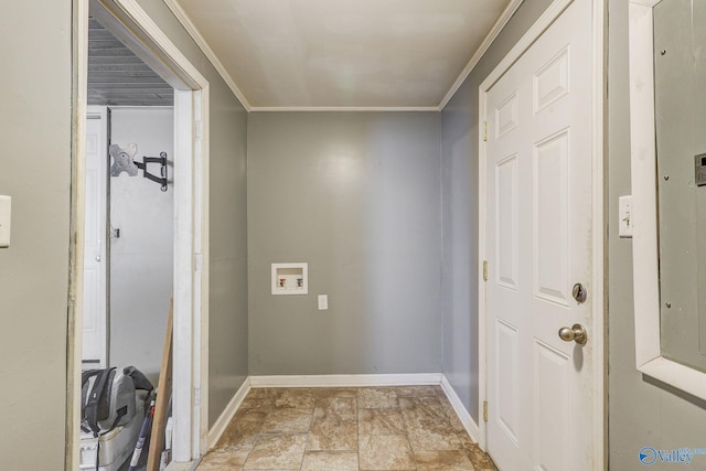 clothes washing area with crown molding and washer hookup