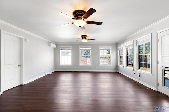 unfurnished sunroom featuring a wall unit AC and ceiling fan