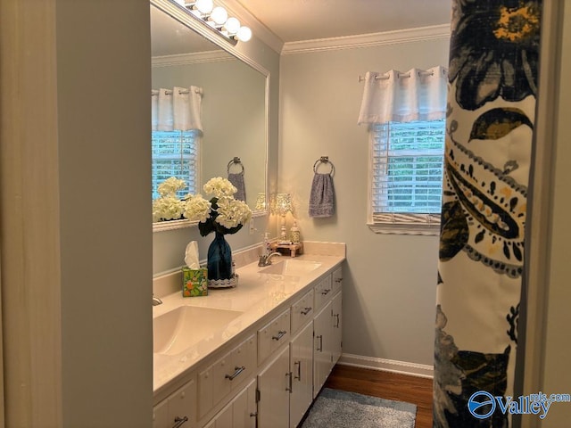 bathroom with crown molding, vanity, and hardwood / wood-style floors