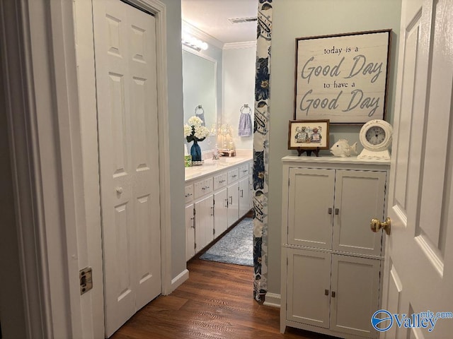 bathroom with ornamental molding, hardwood / wood-style floors, and vanity