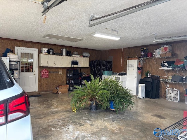 garage with wood walls