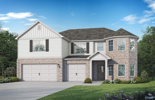 view of front of property featuring board and batten siding, a front lawn, roof with shingles, a garage, and driveway