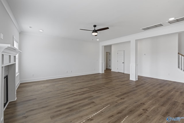 193 Chesire Cove Ln, New Market, AL 35761 - unfurnished living room featuring a ceiling fan, visible vents, baseboards, dark wood-type flooring, and a glass covered fireplace