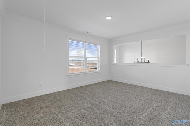 193 Chesire Cove Ln, New Market, AL 35761 - carpeted spare room with visible vents, baseboards, a notable chandelier, and ornamental molding