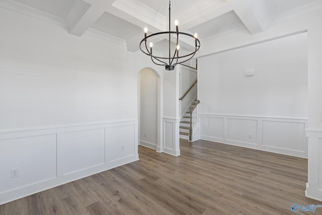 193 Chesire Cove Ln, New Market, AL 35761 - unfurnished dining area with stairs, an inviting chandelier, beamed ceiling, and arched walkways