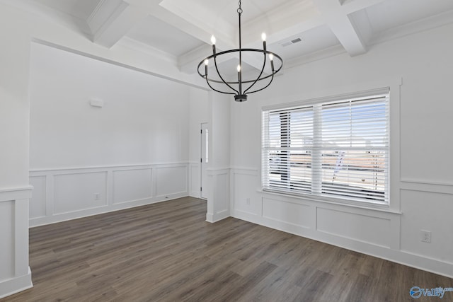 193 Chesire Cove Ln, New Market, AL 35761 - unfurnished dining area with visible vents, dark wood-type flooring, a decorative wall, beamed ceiling, and a notable chandelier