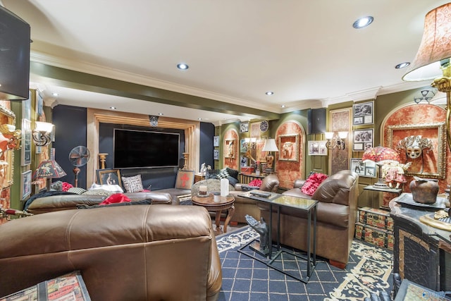 living room featuring crown molding