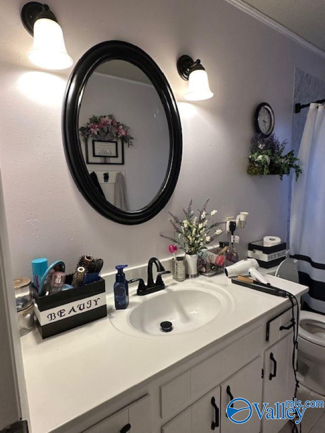 bathroom featuring ornamental molding, vanity, and toilet