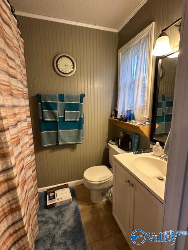 bathroom featuring toilet, ornamental molding, a textured ceiling, and vanity