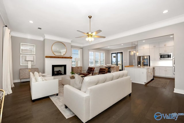 living room featuring crown molding, dark hardwood / wood-style floors, and ceiling fan